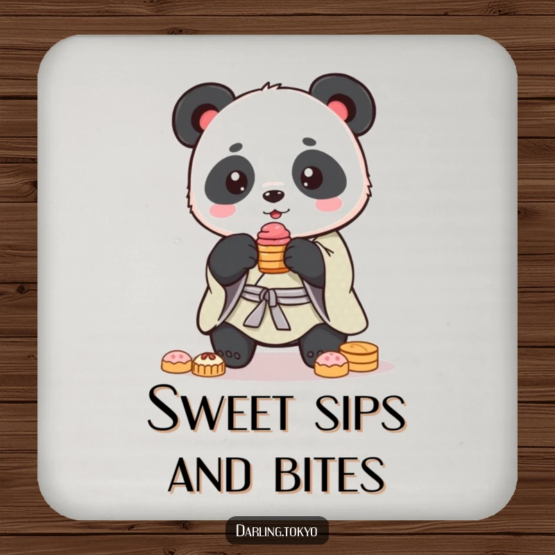 Funny panda in a kimono balances a stack of sweets, featured on this protective and humorously sweet drink coaster.