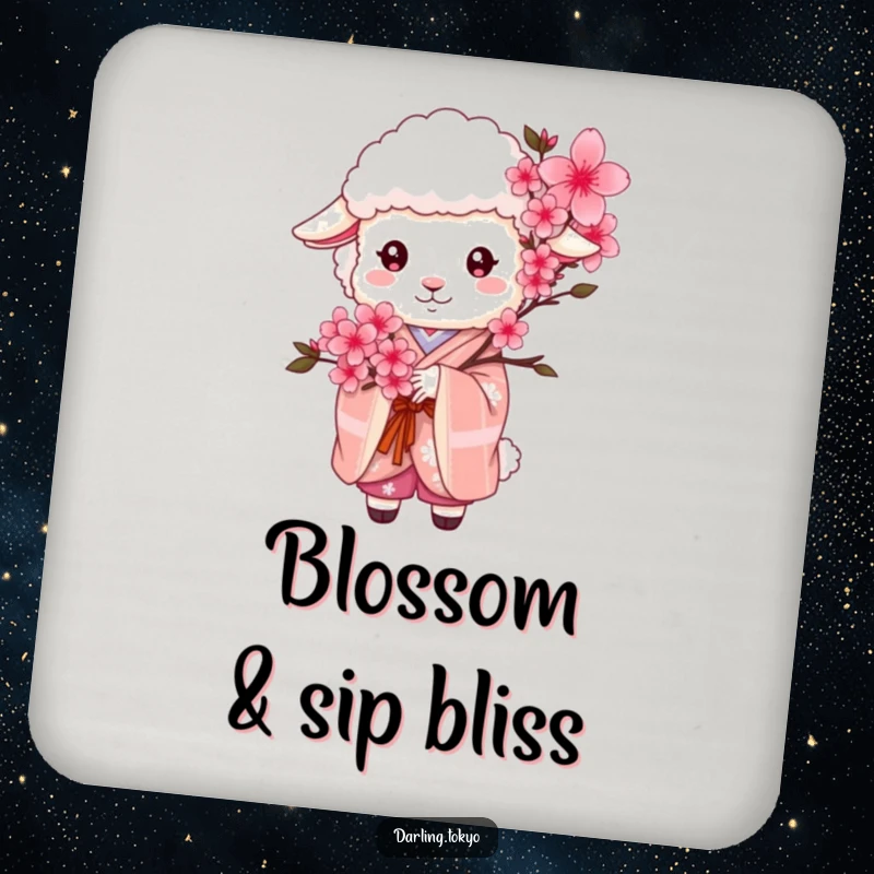 Funny sheep in a kimono holds delicate cherry blossoms, adorning this protective and funny drink coaster.