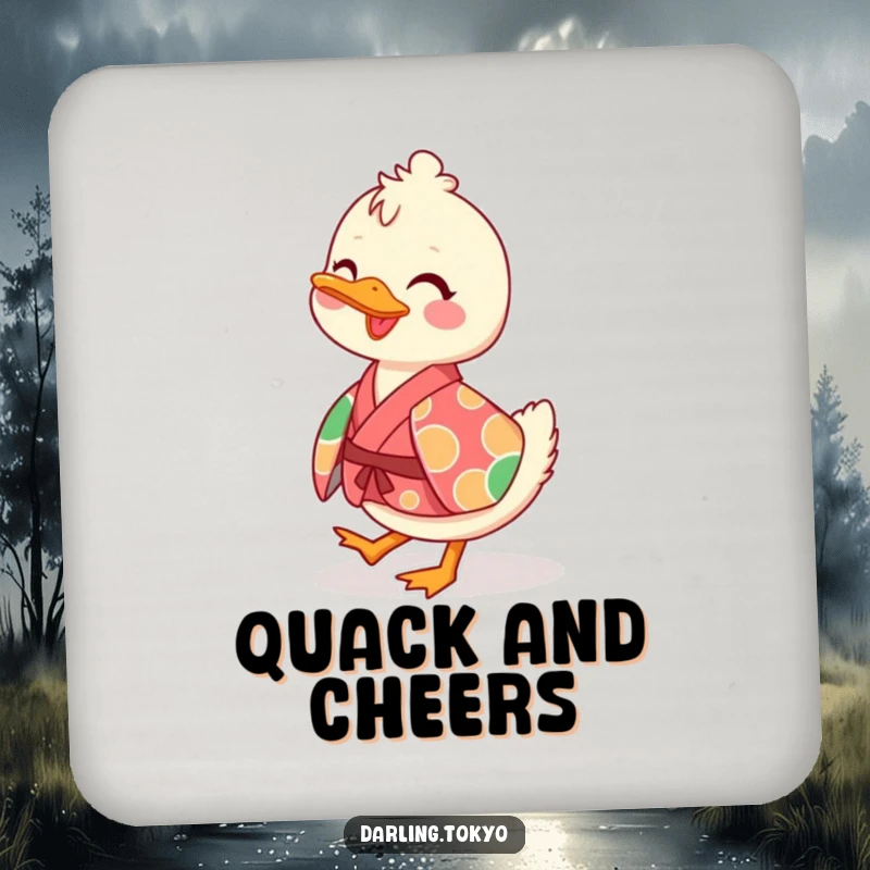 Funny coaster with a playful duck character in a vibrant kimono, waddling cheerfully, protecting surfaces.