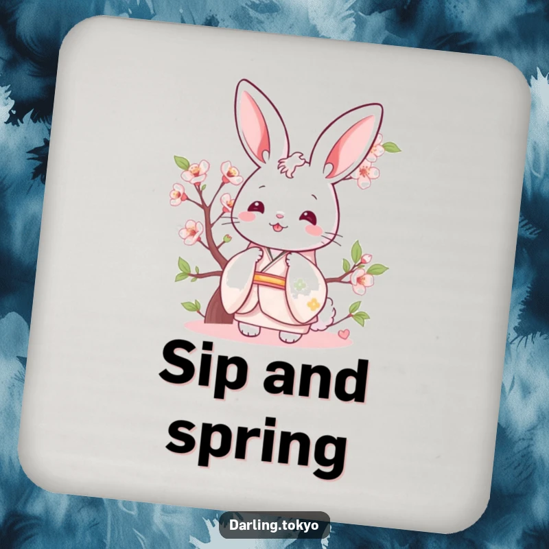Funny bunny in a pastel kimono peeking from behind a cherry blossom, a humorous drink coaster.