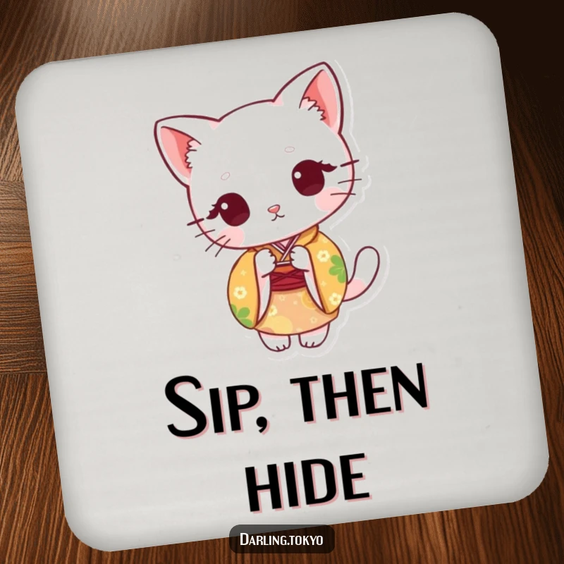 Funny coaster with a cute cat in a colorful kimono, peeking from behind a paper fan, protecting surfaces.