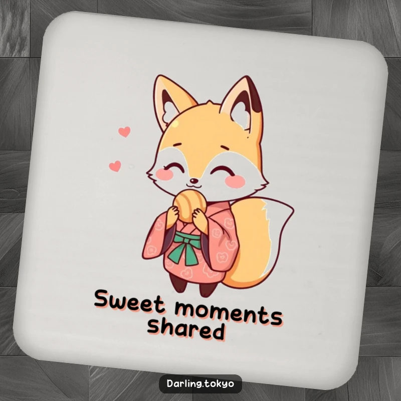 Funny coaster with a cute fox in a patterned kimono sharing a sweet treat, protecting surfaces with adorable, humorous charm.