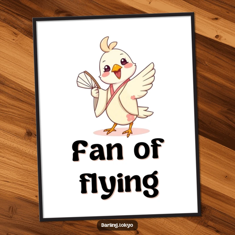Funny poster of a cheerful bird in a silk kimono playfully twirling a fan, bringing dynamic energy and lighthearted humor to any room.