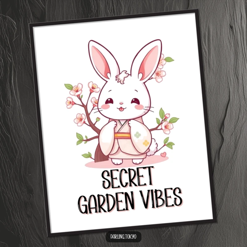 Funny bunny in a pastel kimono, playfully peeking from behind a cherry blossom, vibrant wall art.