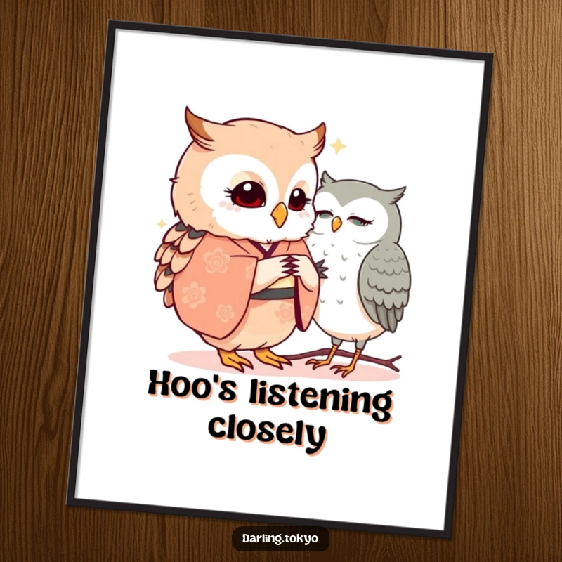 Two funny owls adorned in kimonos lean in to share a secret, depicted in this whimsical wall art.