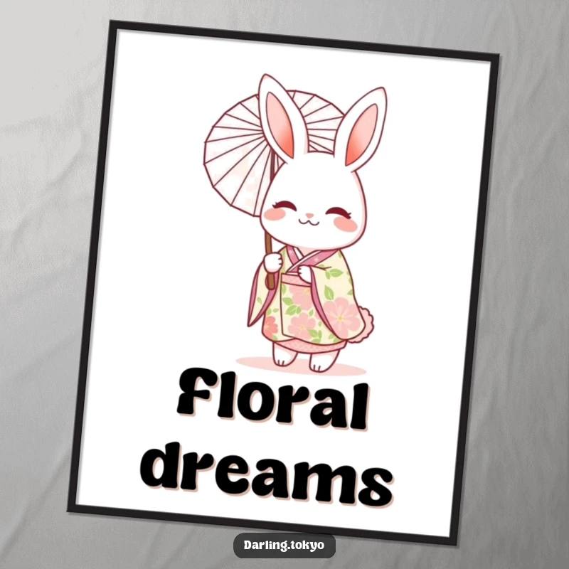 Funny poster featuring a cheerful rabbit character in a floral kimono, holding a delicate parasol with artistic grace.