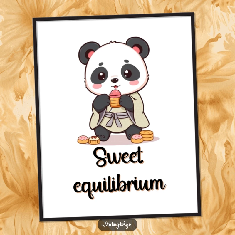 A cute panda in a kimono attempts to balance a tall stack of colorful sweets, framed as funny wall art.
