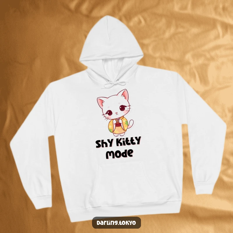 Funny hoodie featuring a cute cat in a colorful kimono, peeking from behind a paper fan, offering warmth and humor.