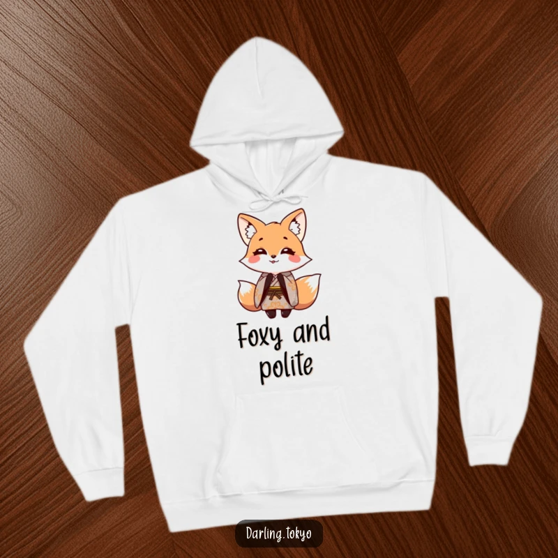Funny hoodie showcasing a smiling fox in a patterned kimono, striking a playful bowing pose, perfect for warmth and humor.
