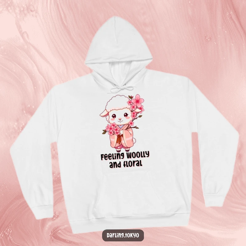 Funny sheep in a floral kimono clutches a sweet cherry blossom bouquet, offering cozy vibes on this warm hoodie.
