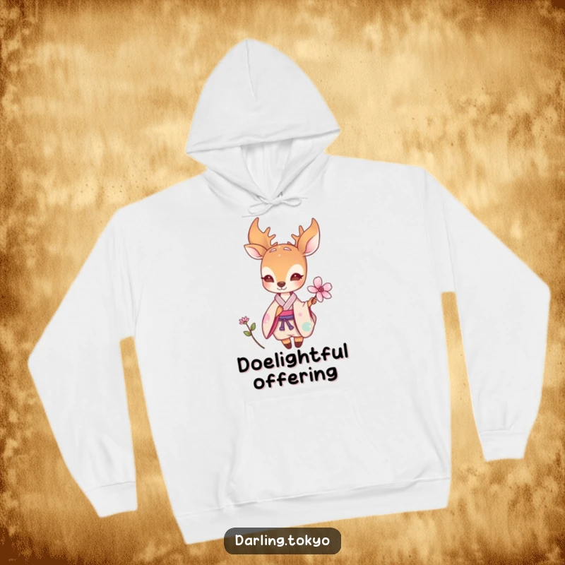 Funny hoodie with a small deer in a pastel kimono offering a delicate flower, providing warmth and a sense of peaceful, humorous charm.