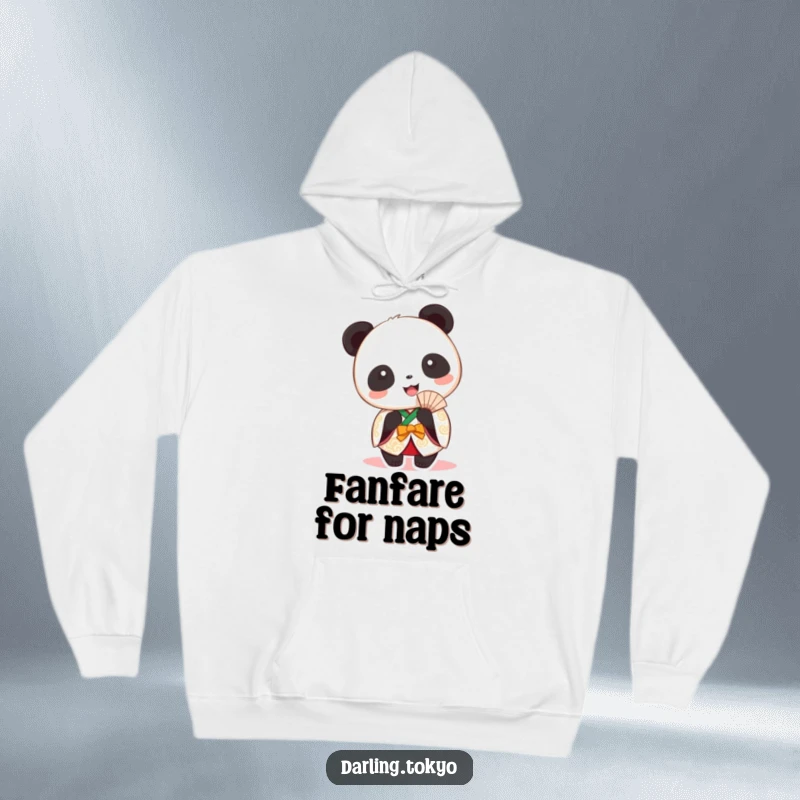 Funny panda in a festive kimono holding a fan, a humorous and warm hoodie.