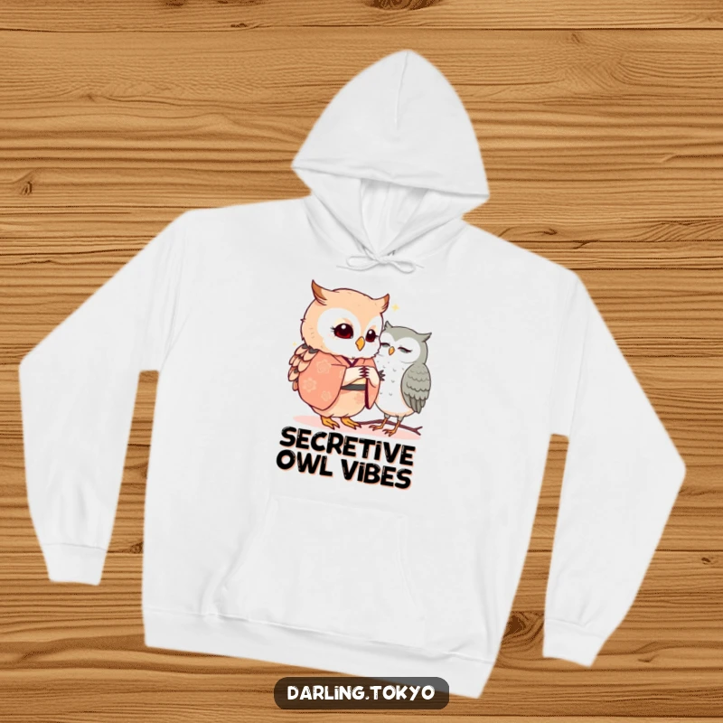Funny owls in kimonos share secrets, providing warmth and humor in this cozy hoodie.