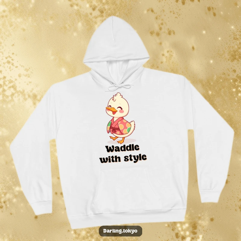 Funny hoodie showcasing a playful duck character in a vibrant kimono, waddling cheerfully, perfect for warmth and humor.