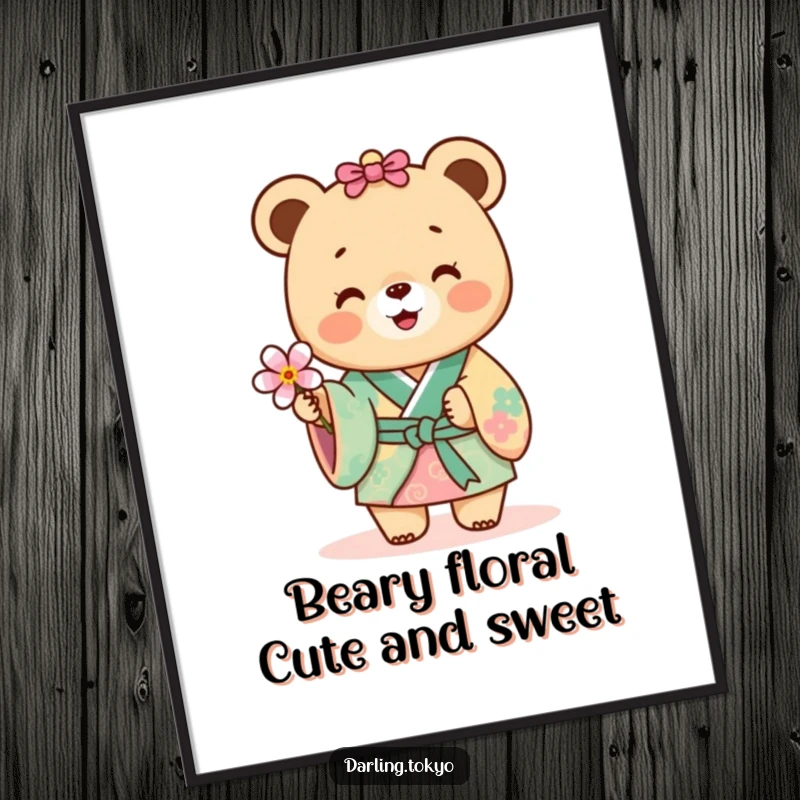 Funny Free Printable Wall Art: Tiny bear in colorful kimono joyfully offers a delicate flower, a sweet scene.