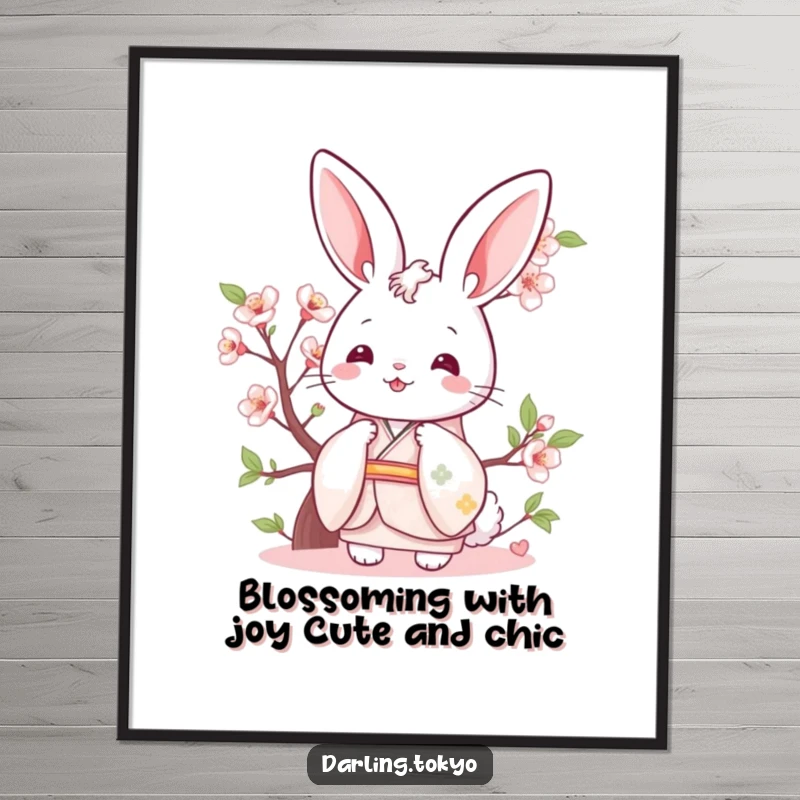 Funny Free Printable Wall Art: Cheerful bunny in pastel kimono peeking playfully from a cherry blossom.