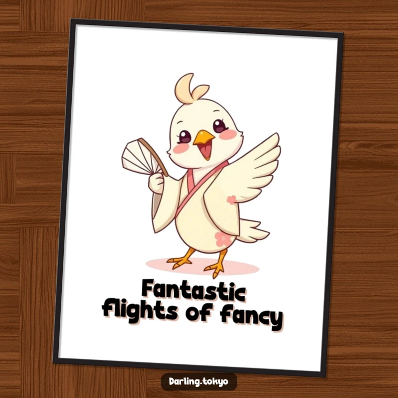 Funny Free Printable Wall Art: Cheerful bird in a silk kimono playfully twirls a fan, adding dynamic art.