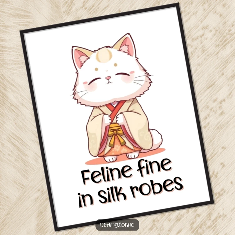 Funny Free Printable Wall Art: Fluffy cat in a traditional kimono looking serenely beautiful, elegant decor.