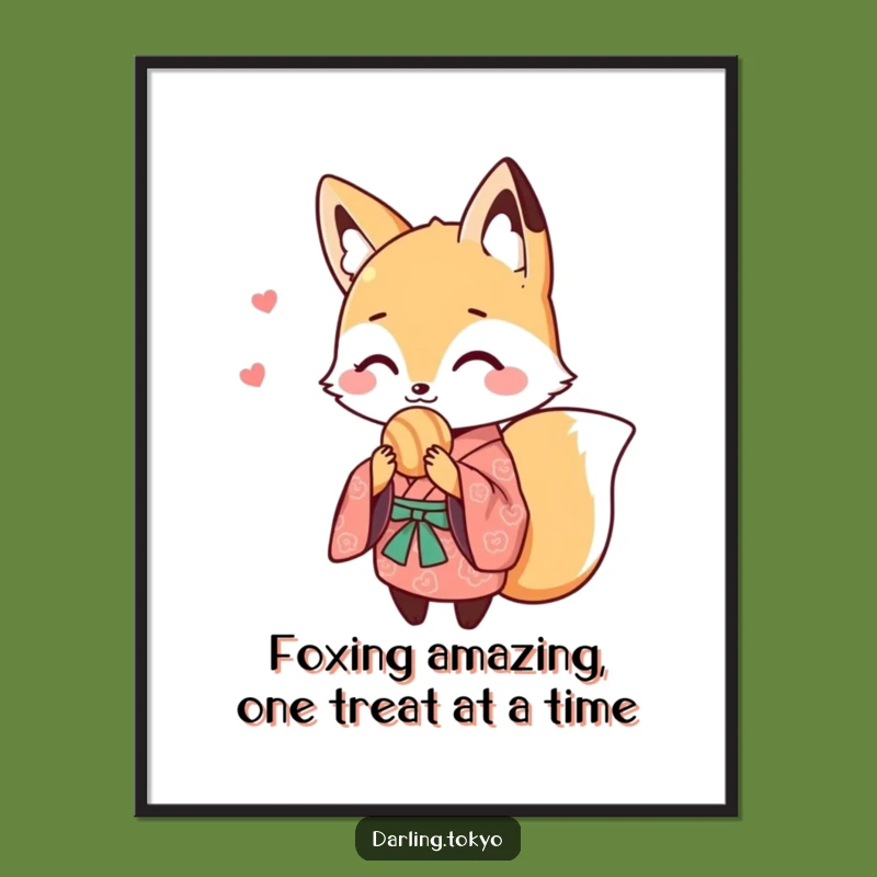 Free Printable Fox Art: Cute Kimono Fox Sharing Sweets Funny Downloadable Wall Decor