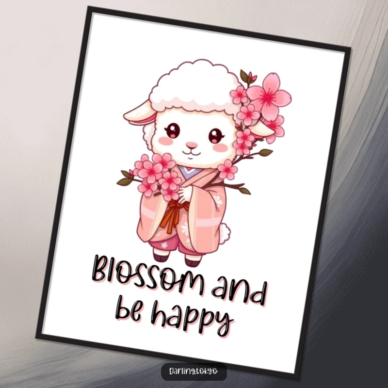 Funny Free Printable Wall Art: A fluffy sheep wearing a kimono holds a bouquet of cherry blossoms.
