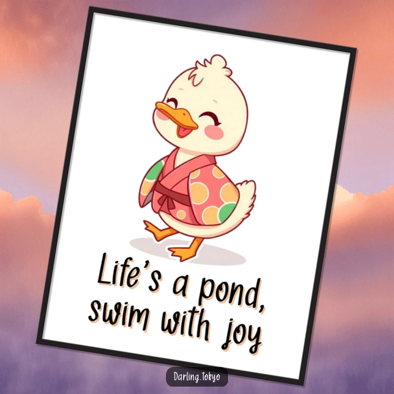 Funny Free Printable Wall Art: Playful duck in a vibrant kimono, waddling cheerfully with a smile.