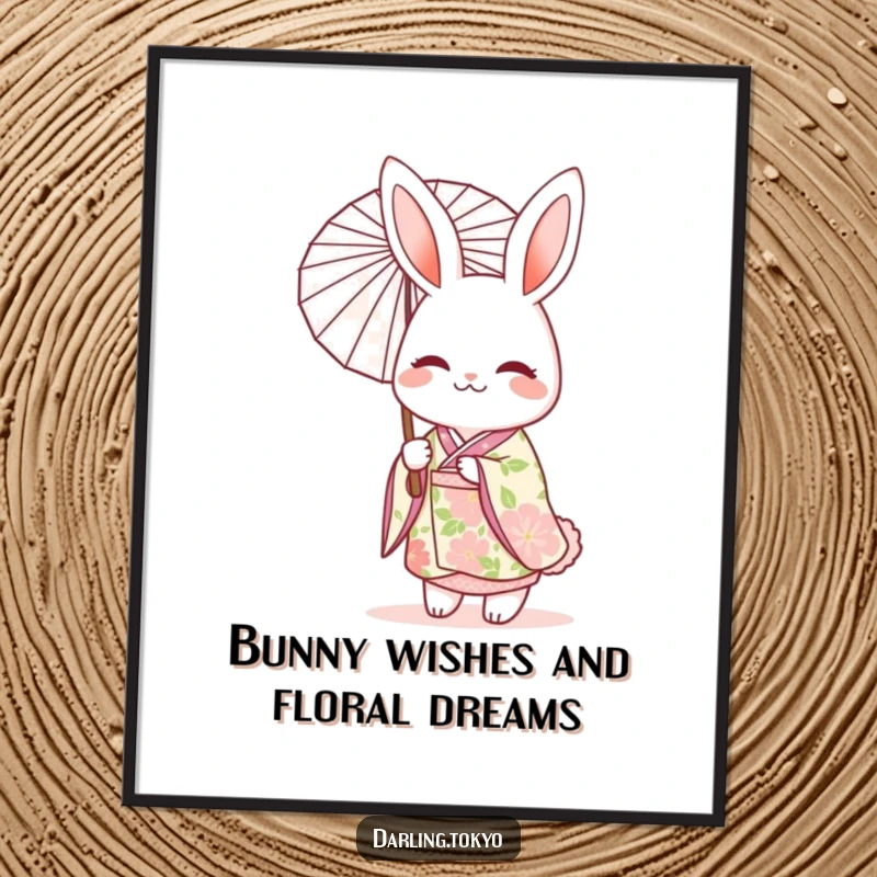 Funny free printable wall art of a cheerful rabbit wearing a floral kimono and holding a delicate parasol.