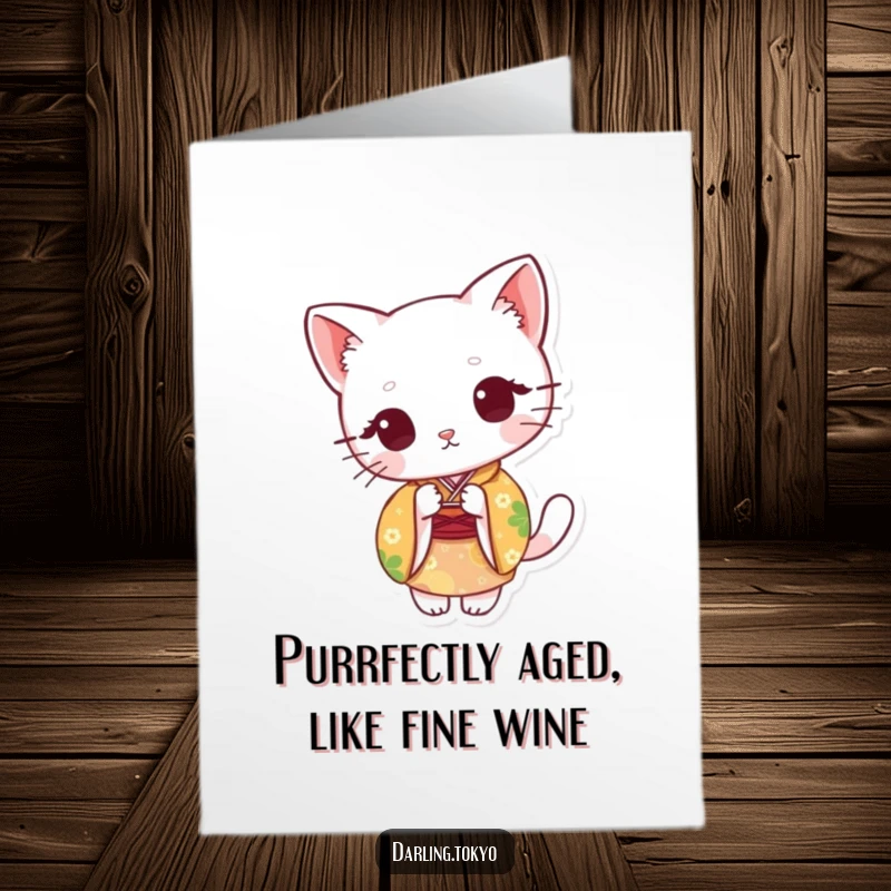 Funny Free Printable Happy Birthday Card: Cute cat in colorful kimono peeking from behind a fan.