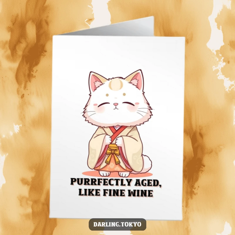 Funny Free Printable Birthday Card: Fluffy cat in a traditional kimono looks serenely beautiful, exuding peacefulness.
