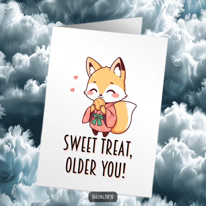 Funny Free Printable Birthday Card: Cute fox in a patterned kimono happily sharing a delicious sweet treat, bringing joy.