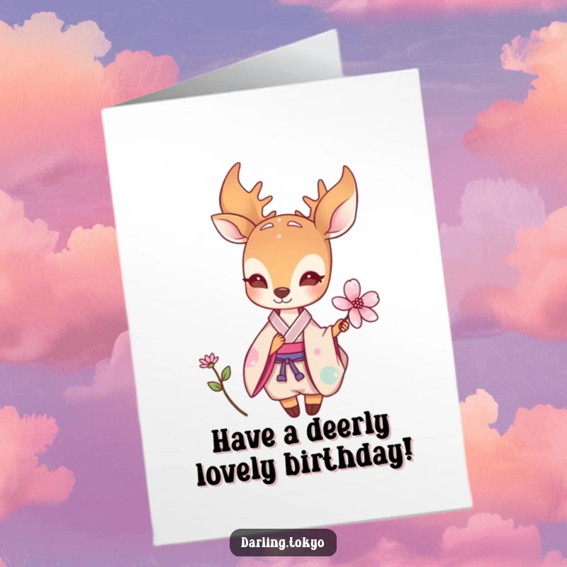 Funny Free Printable Birthday Card: Small deer in a pastel kimono gracefully offers a delicate flower, spreading joy.