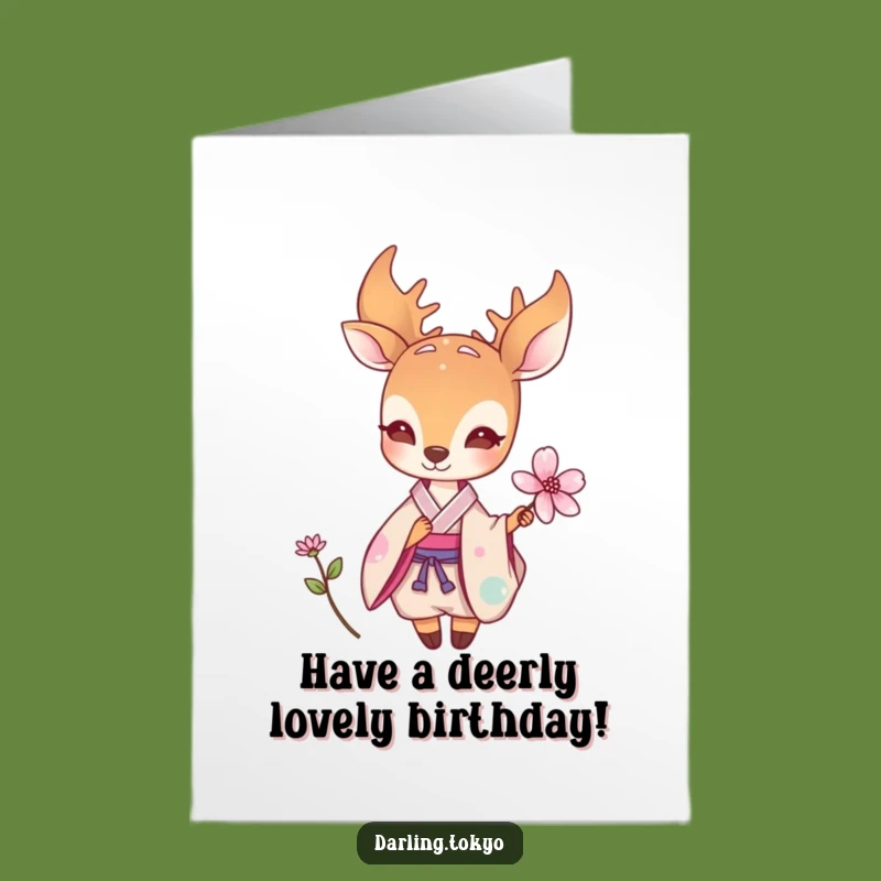 Free Printable Deer Birthday Card: Pastel Kimono Deer with Flower Funny Downloadable Gift