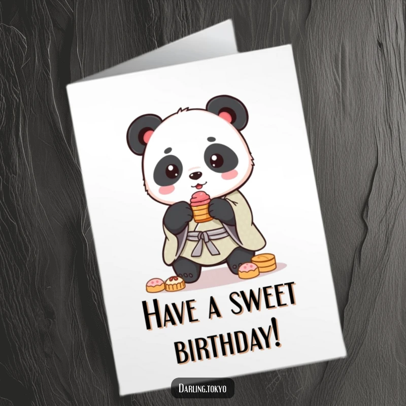 Funny Free Printable Birthday Card: Cute panda in a kimono tries to balance a stack of sweets.