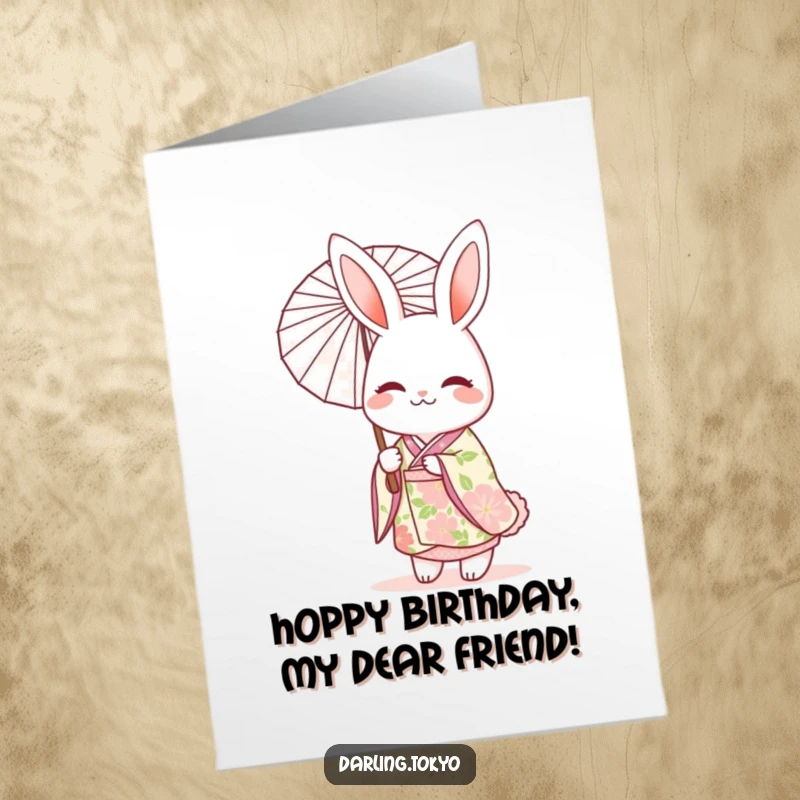 Funny free printable birthday card featuring a cheerful rabbit in a floral kimono holding a parasol.