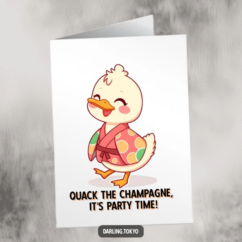 Funny Free Printable Happy Birthday Card: Playful duck in vibrant kimono waddling with a cheerful grin.