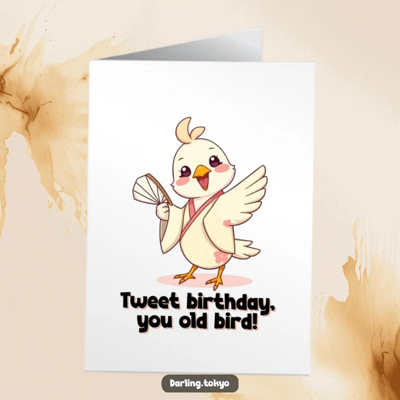 Funny Free Printable Birthday Card: Cheerful bird in a silk kimono playfully twirls a decorative fan, celebrating.