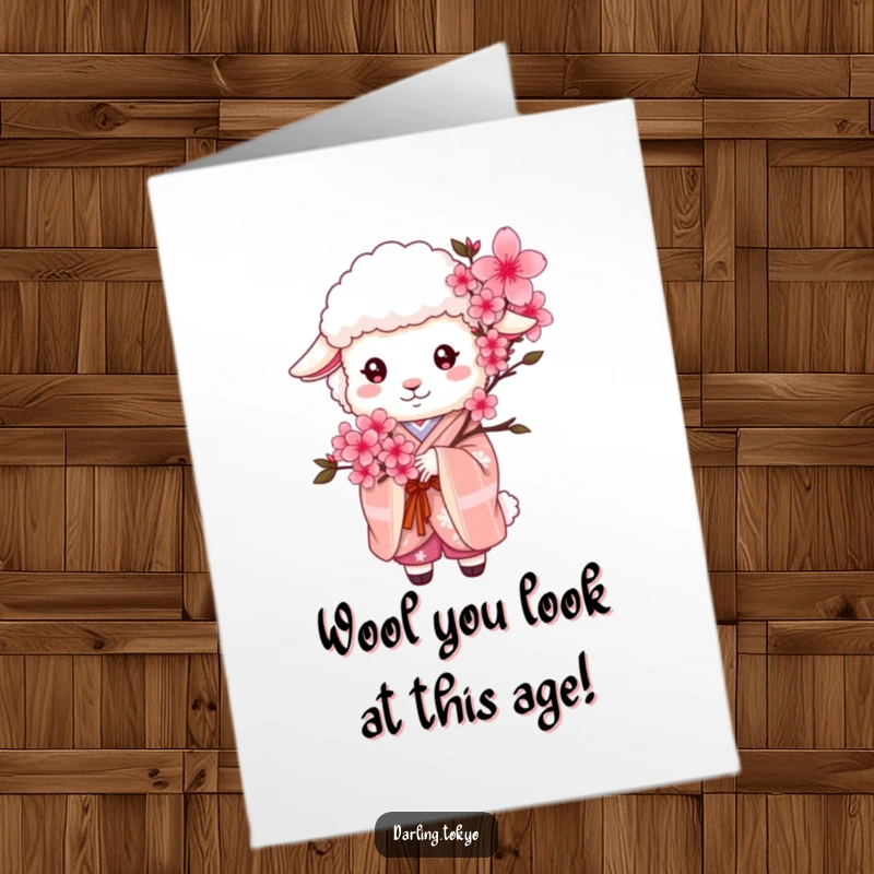 Funny Free Printable Birthday Card: Fluffy sheep in a kimono holds cherry blossoms, wishing a happy birthday.