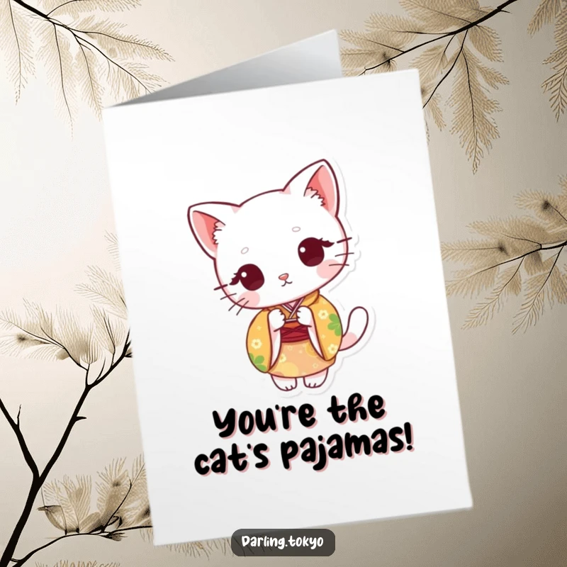 Funny Free Printable Congratulations Card: Cat in kimono peeking playfully from behind a fan.