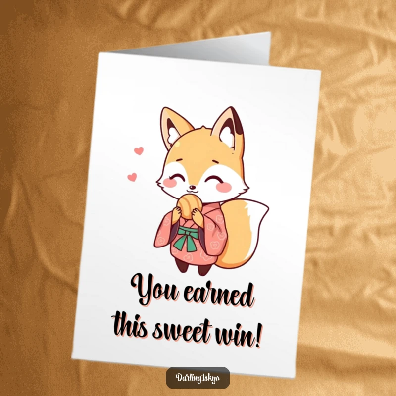 Funny Free Printable Congratulations Card: Adorable fox in a patterned kimono offers a yummy sweet, conveying warm wishes.