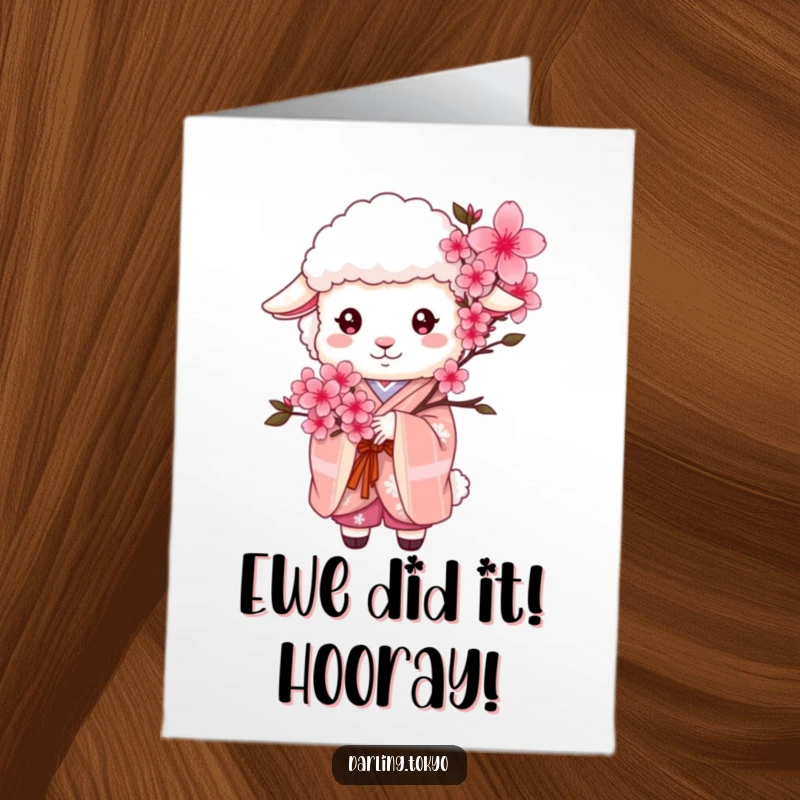 Funny Free Printable Congratulations Card: A fluffy sheep in a kimono offers cherry blossoms for your achievement.