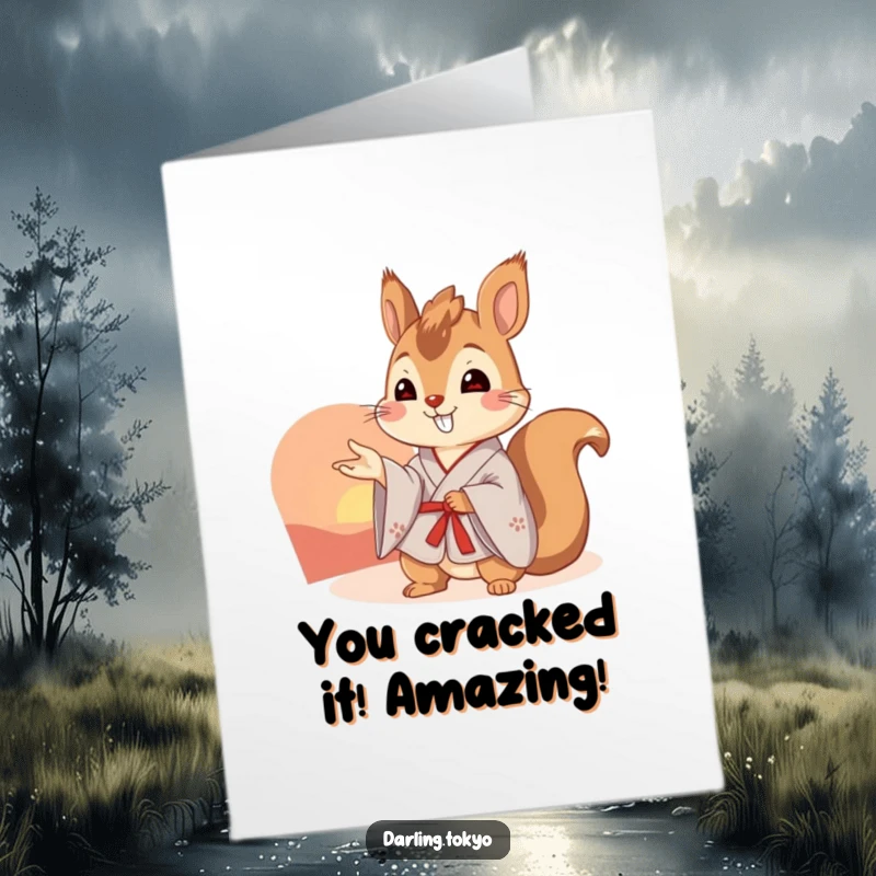 Funny Free Printable Congratulations Card: Squirrel in a kimono gestures towards a beautiful sunset for your success.