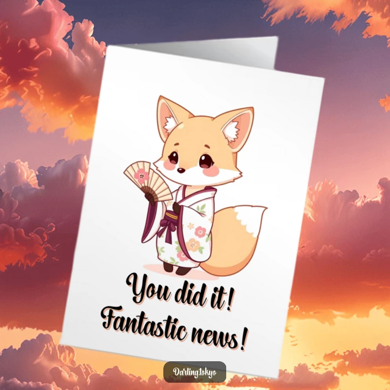 Funny Free Printable Congratulations Card: Cute fox in floral kimono gracefully presenting a tiny fan.