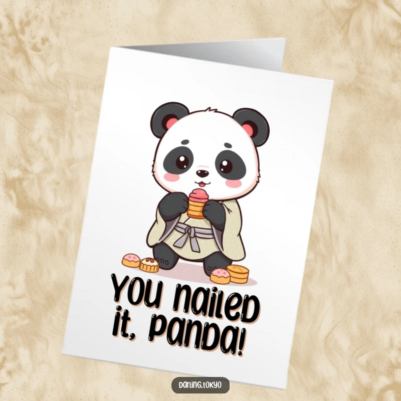 Funny Free Printable Congratulations Card: A cute panda in a kimono balances a stack of sweets for your success.