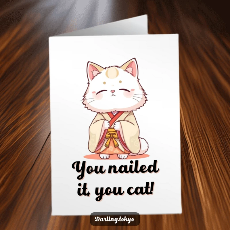 Funny Free Printable Congratulations Card: Fluffy cat in an ornate kimono looks beautifully serene, conveying calm wishes.