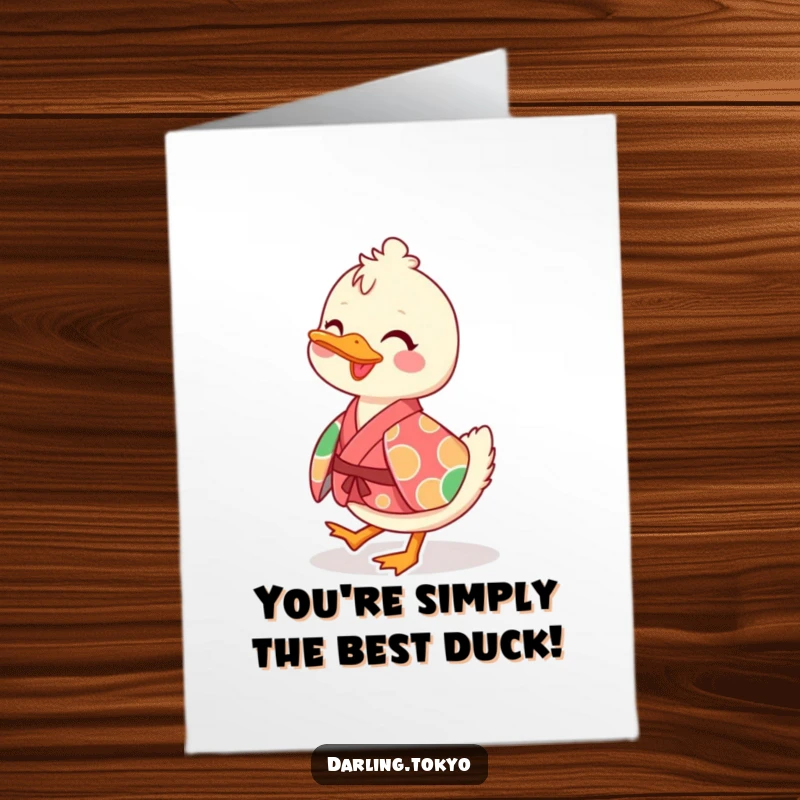 Funny Free Printable Congratulations Card: Duck in vibrant kimono waddling cheerfully, celebrating success.