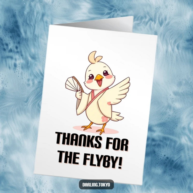Funny Free Printable Thank You Card: Lively bird in a silk kimono twirls a fan, expressing gratitude with flair.