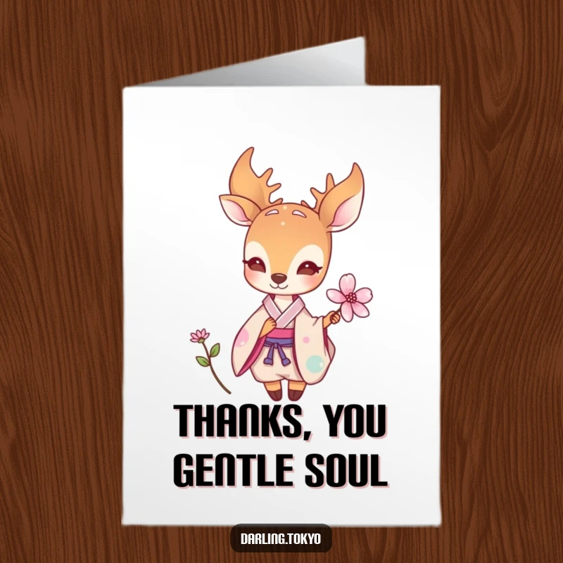 Funny Free Printable Thank You Card: Gentle deer in a pastel kimono offering a pretty flower, a sweet thank you.