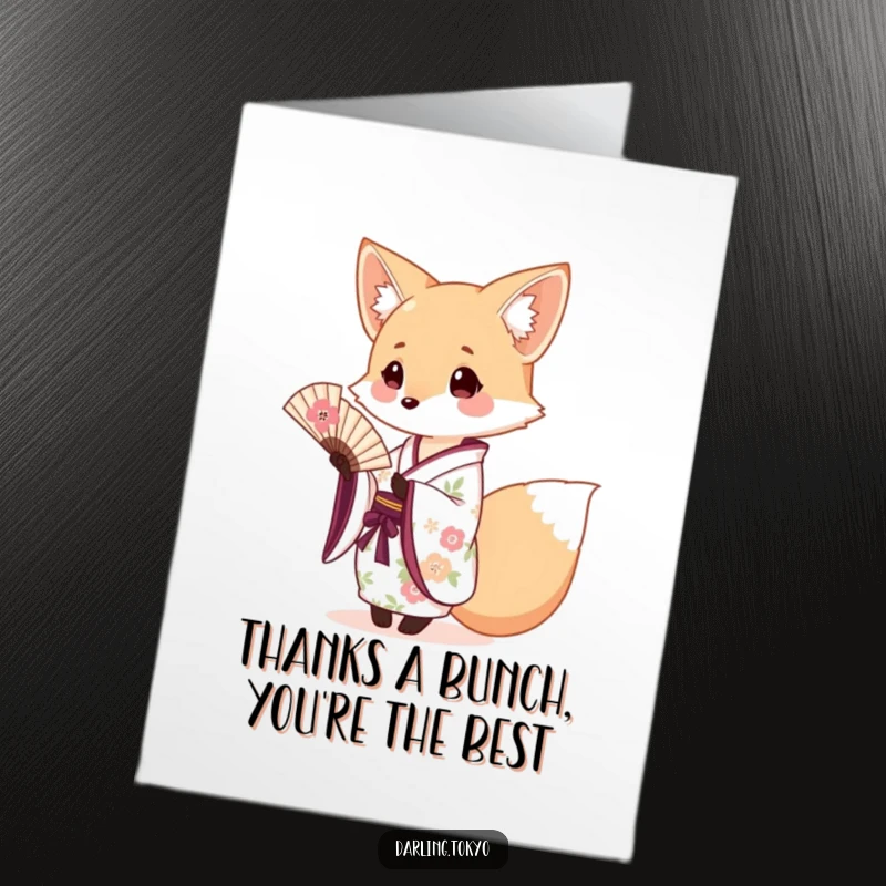 Funny Free Printable Thank You Card: Cute fox in floral kimono gracefully offers a tiny fan.