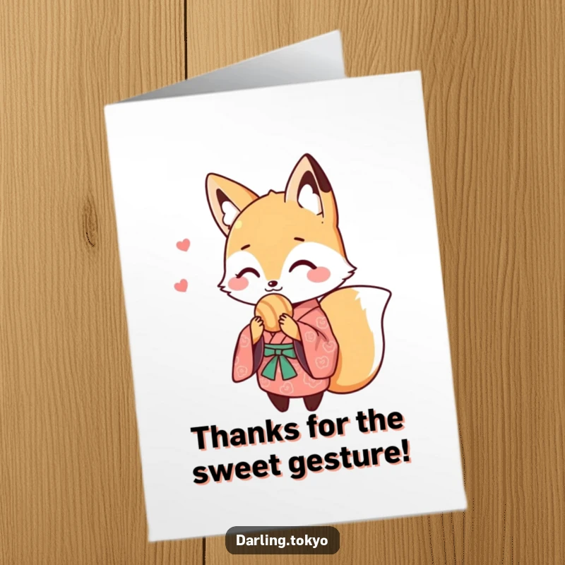 Funny Free Printable Thank You Card: Charming fox in a vibrant kimono sharing a tasty treat, expressing gratitude with humor.