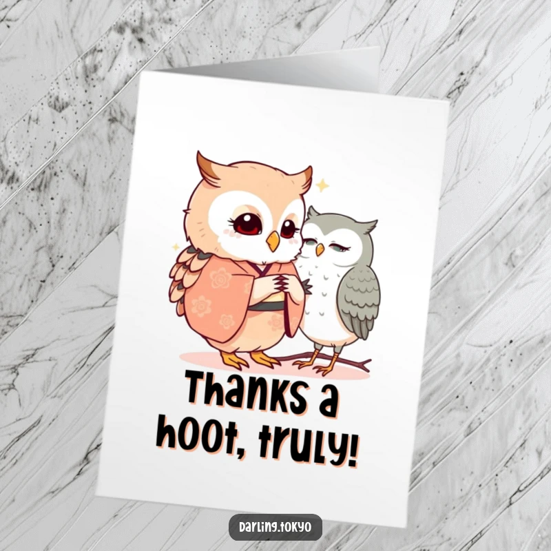 Funny Free Printable Thank You Card: A little owl in a kimono whispers a secret thank you to another owl.