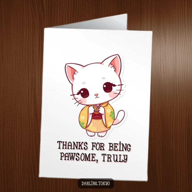 Funny Free Printable Thank You Card: Cute cat in colorful kimono peeking from behind a fan.
